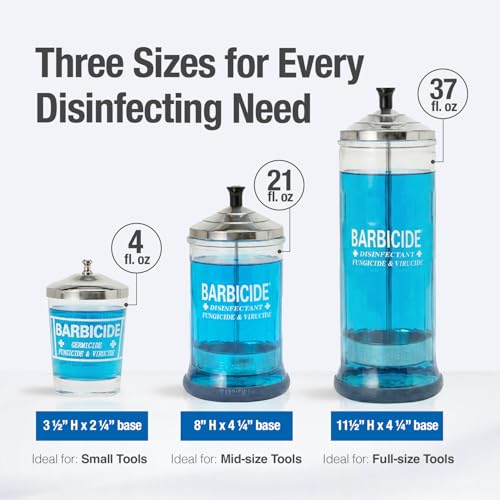 BARBICIDE Disinfectant Jar ? Durable Glass Immersion Container with Stainless Steel Lid and Tray ? Professional Tool Sanitizer for Combs, Brushes & Implements - (MidSize - 21 Fl Oz)