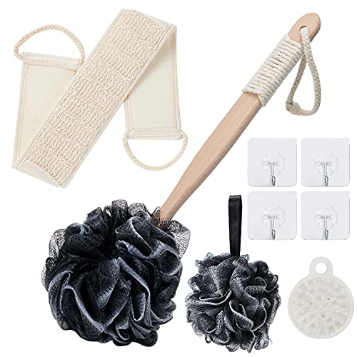 8Pack Bath Brush Set -Shower Loofah Sponge with Long Handled,Natural Loofah Exfoliating Back Scrubber for Shower, Luffa Pouf,Scalp Massager and 4 Hook,Back Scrubber for Shower for Men and Women