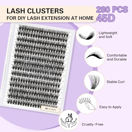 Lash Clusters Individual Lashes Lash 280 PCS Eyelash Clusters False Eyelash Lash Extension Fluffy Natural Cluster Eyelash Extensions DIY Eyelash Extensions at Home (RR280-45D-C-18mm)