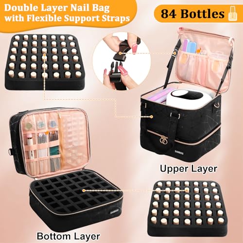 Nail Polish Organizer Bag Holds 84 Bottles (15ml/0.5 fl.oz)& Nail Lamp, PU Leather Nail Supplies Organizer with Holder& Shoulder Strap, Portable Travel Nail Kit Storage Carrying Case (Black)