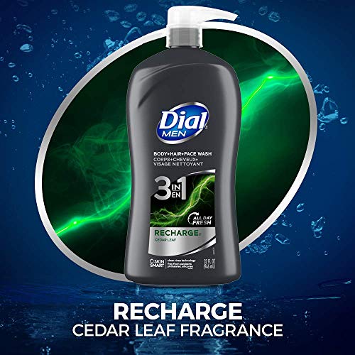 Dial Men 3 in 1 Body, Hair and Face Wash, Recharge, 32 Fl Oz, Cedar Leaf Scent, Cleanses Deep + Gentle on Skin with Clean Rinse Technology (Pack of 2)