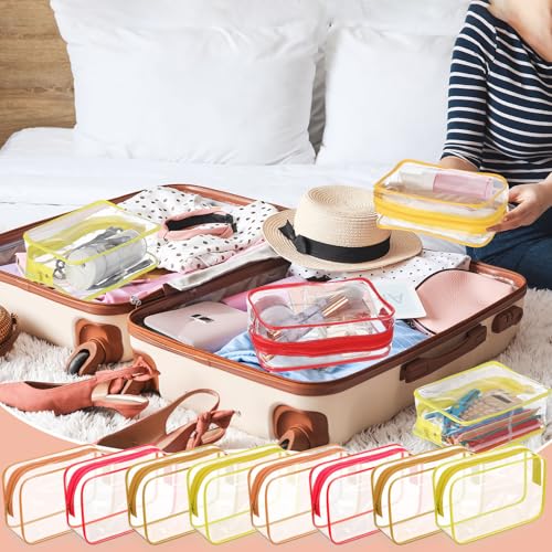 24 Pack Clear Makeup Bags Bulk Cosmetic Storage Bag Waterproof PVC Pouch with Zipper for Travel Organizer Plastic Toiletries Case for Women Traveling Bathroom, 7"x 4.7"x 2.4"(Yellow)
