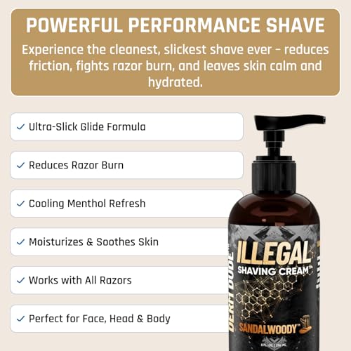 Derm Dude Illegal Shave Cream for Men | Ultra-Slick Shaving Cream for Sensitive Skin | Fights Razor Burn, Bumps, Nicks & Cuts | Smooth Glide Formula ? Sandalwoody Scent, 8oz