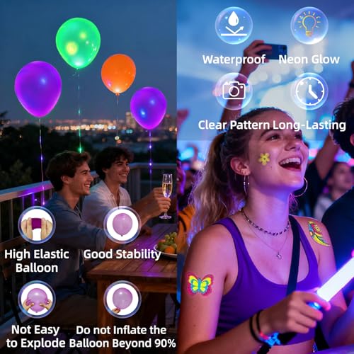 172 Pcs Temporary Tattoos - 100Pcs UV Neon Balloons for Adults Teens - Ideal for Neon Glow Party Decorations