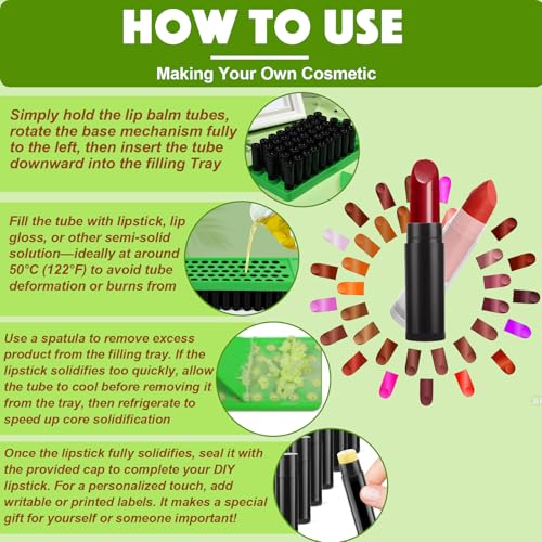 Lip Balm Tubes with Filling Tray and Spatula, 100 Empty Lip Balms Containers with Caps (Clear+Black), 100 Writeable and 100 Printed Stickers, BPA Free, Make Natural Lip Balm Kit for DIY