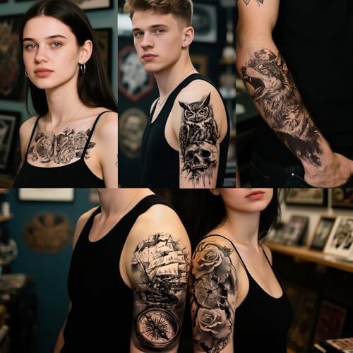 34 Sheets Half Arm Temporary Tattoos for Adults and Kids Waterproof Fake Tattoo for Men women Realistic Butterfly Rose Lion Tiger Wolf, Eagle Owl Forest - Long Lasting Tattoo Stickers for Halloween