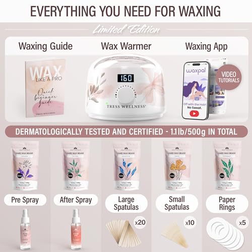 Tress Wellness Waxing Kit for Sensitive Skin, Safe for Face & Skin, Prep & Aftercare Spray, Easy to Use, At-Home Kit for Face, Bikini, Brazilian & Full Body - Digital Display, Watercolor White