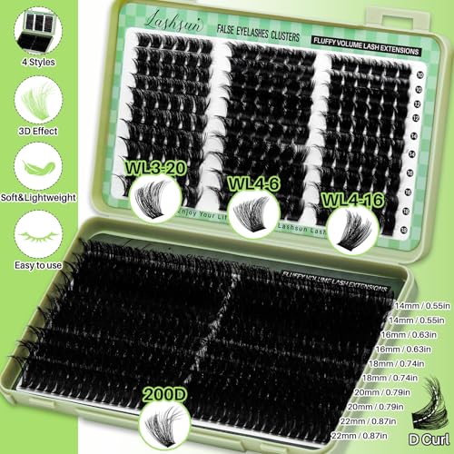 Lash Clusters Kit Wispy Eyelash Clusters Lashes DIY Lash Extension Kit Cluster Eyelash Extensions Kit Volume Cluster Lashes with Lash Bond and Seal,Lash Remover,Lash Tweezers(WL+200D Lash Kit)