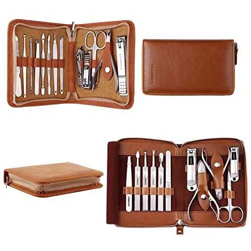 FAMILIFE F03 Manicure Set, Pedicure Kit Nail Clipper Set 13pcs Professional Men Grooming Kit and 11 in 1 Stainless Steel Pedicure Tools Kit Grooming Kit with Portable Brown Leather Travel Case