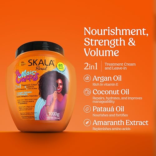 SKALA Mais Crespos 2 in 1 Treatment Cream & Leave In Conditioner for Coily & Kinky Hair, Vegan, Deep Hydration & Detangling Mask, Infused with Argan Oil, Coconut, Patau? & Amaranth Extracts, 1000g