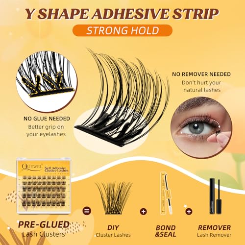 QUEWEL Self Adhesive Lash Clusters Kit, Pre Glued Eyelashes Clusters, 10-16MM Strong Hold Self Adhesive Eyelashes,D Curl Press On Lashes No Glue Needed DIY Lash Extensions Kit at Home(MJ03)