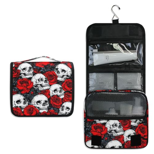 Hanging Toiletry Bag for Women Red Rose Flower Skull Makeup Bag Travel Essentials Toiletries Organizer Bag Floral Skeleton Cosmetic Bag Foldable