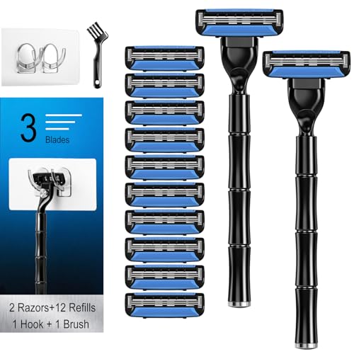 3-Blade Men Razor with Lubricating Strip & Pivoting Head - Safety Razor Blades Kit Includes 2 Handles, 12 Razor Blade Refills, Wall Hook & Cleaning Brush