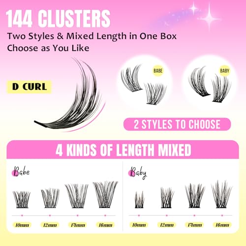 Lash Clusters Kit 144Pcs Individual Eyelash Extension Kit DIY Lash Kit with Lash Bond and Seal,Remover,Applicator,Eye Patches,Lash Brush&Lip Brush for Fake Eyelashes Clusters Kit (D-Mix10-16mm Kit)