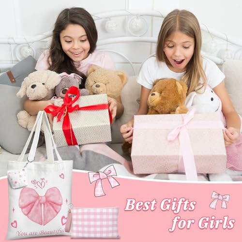 Coquette Pink Bow Canvas Tote Bag - 3 PCS Pink Bow Cotton Preppy Canvas Bag Set with Pink Plaid Makeup Bag and Cute Mini Bag, Reusable Grocery Shopping Bag, Coquette Stuff Tote Bag Gifts for Girls