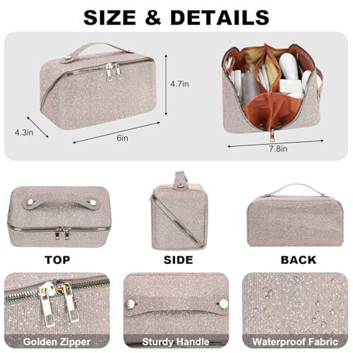 2026 New Makeup Bag, Large Capacity Cosmetic Bag with Sequin Design, Open Flat Travel Toiletry Bag with Divider & Handle-Rose Gold