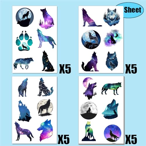 Galaxy Wolf Temporary Tattoo Sticker - 20 Sheet Wolf Themed Tattoos for Men, Women & Kids - Party Decoration Supplies & Favors