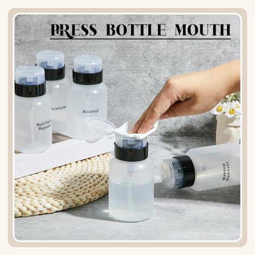 Layhit 12 Pack 6.8 oz (200ml) Push Down Lockable Pump Dispenser Bottle with Stickers, Alcohol Push Down Empty Refillable Container for Nail Polish Remover, Alcohol & Makeup Remover (Black Top Cap)