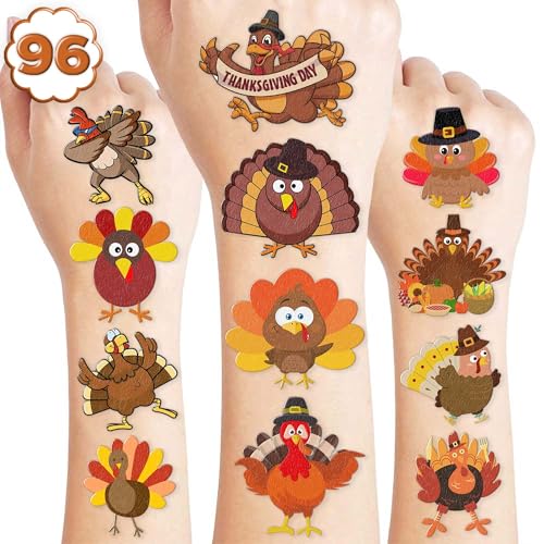 96PCS Thanksgiving Turkey Tattoos Stickers Pre-Cut Themed Autumn Fall Tattoos 1st Birthday Party Decorations Supplies Decor Favors for Kids Harvest Festival Prizes Rewards