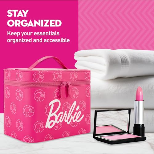 Concept One Barbie Large Women's Makeup Bag, Two Zipper Travel Cosmetic Zipper Pouch Organizer with Logo, Pink