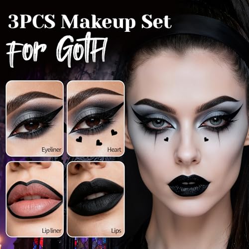 Halloween Makeup Kit for Goth Cosplay, Black Lip Liner Pencil, Matte Lipstick & Black Liquid Eyeliner Stamp, Long-Lasting Makeup Kit for Halloween Cosplay Goth SFX Looks