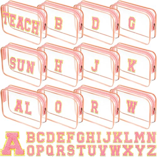 12 Personalized Initial A-z Preppy Patch Clear Makeup Bag Initial Letter Beach Travel Toiletry Cosmetic PVC Bag DIY Chenille Letter Patches Easter Exchange Gifts(Pink, Pink Letters)