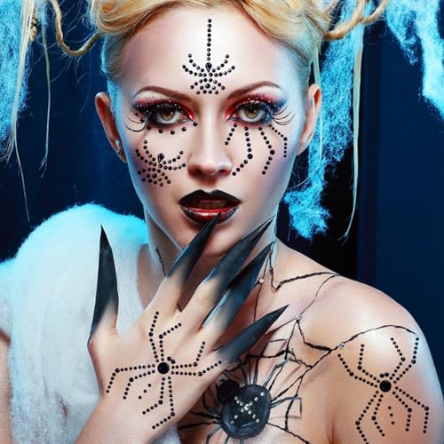 Halloween Face Gems 2Pcs Black Spider Face Jewels Spider Web Rhinestone Tattoo Stickers Self Adhesive Crystal Temporary Tattoos Stickers for Halloween Cosplay Makeup Festival Rave Party