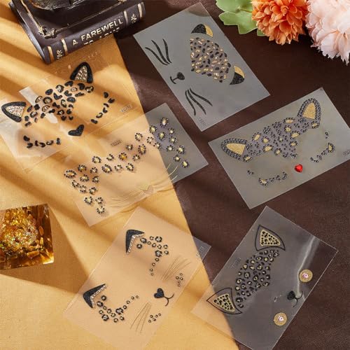 OLYCRAFT 6 Sheets Crystal Cat Face Jewels 3.1x5.1 Inch Temporary Leopard Tattoo Stickers Acrylic Rhinestone Stickers Leopard Face Sticker Removable Sticker for Women Art Party Decor