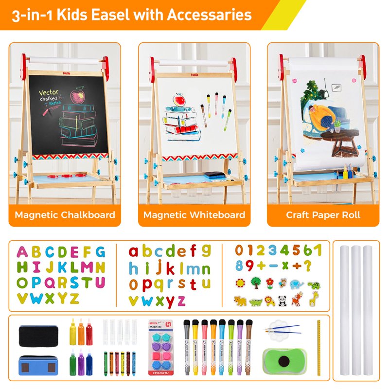 Kids Art Easel with Magnetic Whiteboard Chalkboard & Paper Roll - Adjustable 3-in-1 Wooden Drawing Stand for Toddlers