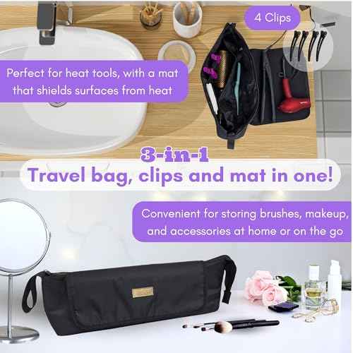 Large Hair Tools Travel Bag and Heat Resistant Mat ? Hot Hair Tools Organizer for Flat Iron, Curling Iron, Hair Dryer ? 2-in-1 Portable Case for Women Bag (19 x 6.5 in) Mat (11 x 15 in)