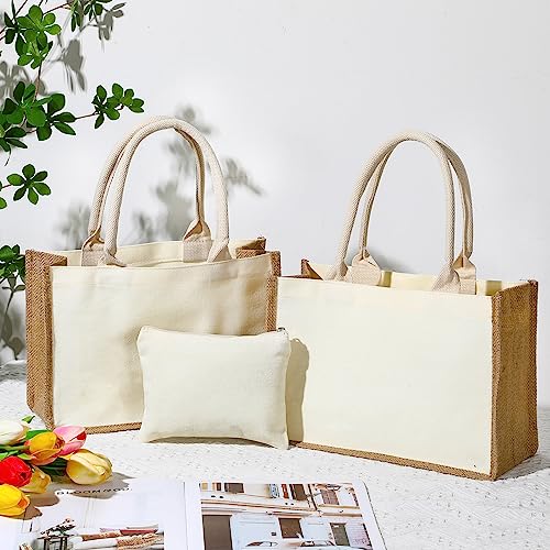 Sweetude 4 Set Jute Burlap Tote Bag with Canvas Makeup Pouch Reusable DIY Craft Blank Gift Bags for Wedding Bridesmaid(Beige)