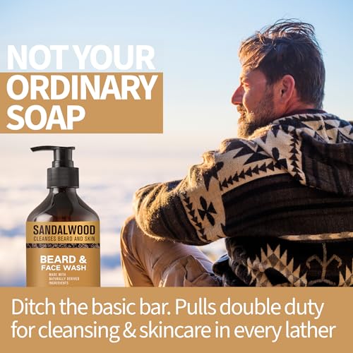 AM Beard & Face Wash - Sandalwood Scented - Gently Cleanses, Stops Itching & Flaking, Hydrates Dry Flaky Skin Under Beard - Naturally Derived Aloe Vera, Galangal, & Orange Peel - 6.76 fl oz