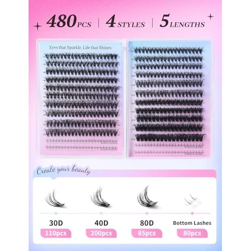 AKOIIN D-Curl Lash Clusters Kit, 480pcs Cluster Eyelash Extensions with Bottom Lashes, 3D Wispy Natural Eyelashes, (30D 40D 80D Mixed, 10-18mm), Includes Bond, Seal, Remover & Tweezer for Beginners