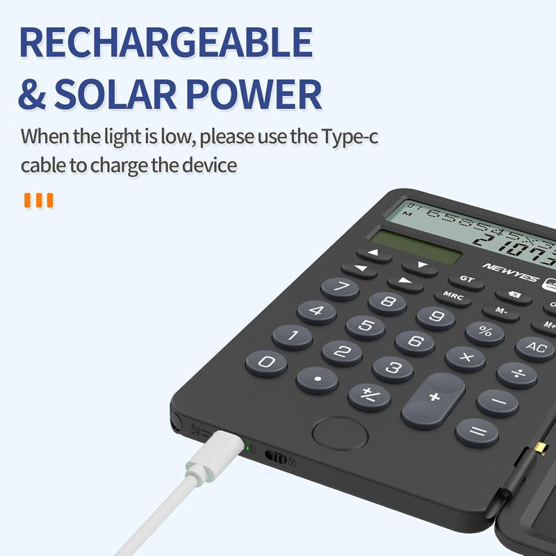 Rechargeable Portable Calculator with Notepad & 12-Digit Display - Black
