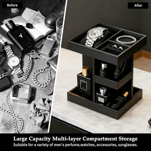 Rotating Cologne Organizer for Men, 3-Tier Large Capacity Wooden Perfume Stand with 360¡Æ Display, Desk & Dresser Organizer for Cologne, Watches & Accessories, Gift for Husband, Dad & Men (Black)