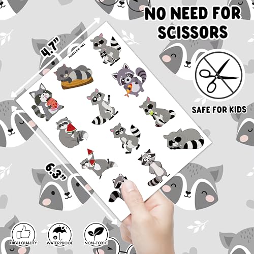 96PCS Cute Funny Raccoon Pre-Cut Temporary Tattoos Themed Birthday Party Decorations Supplies Favors Decor Woodland Wildlife Animals Tattoo Stickers Gifts For Kids Adults Boys Girls School Carnival