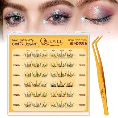 QUEWEL Self Adhesive Eyelashes Kit, Press On Lashes Pre Glued Eyelash Clusters Self Stick Lash Clusters No Glue No Remover Needed DIY Lash Extension Kit for Beginners(ZZBP02)