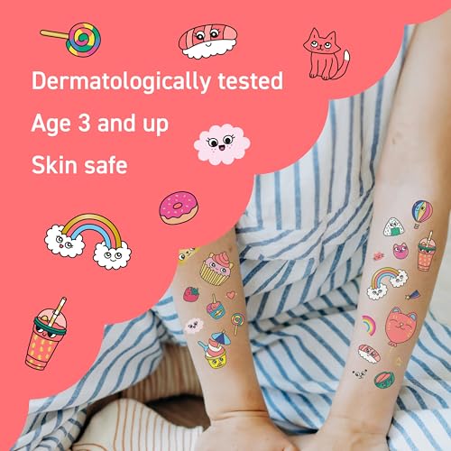 Omy Kawaii Temporary Tattoos for Kids - 50 Cute & Colorful Designs | Safe, Long-Lasting & Easy to Apply | Age 3 and Up