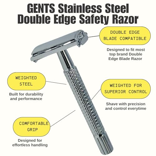 GENTS Complete Shaving Kit Gift Set for Men - Safety Razor with Sandalwood Shave Cream, Aftershave Balm, Pre-Shave Oil & Brush - Chriistmas Gift