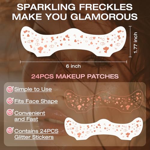 24 Pcs Glitter Freckles Face Tattoo,Rose Gold Face Glitter Makeup Patches Cute Sparkle Freckles Patches Waterproof Makeup Speckles for Face Accessories for Women Girls