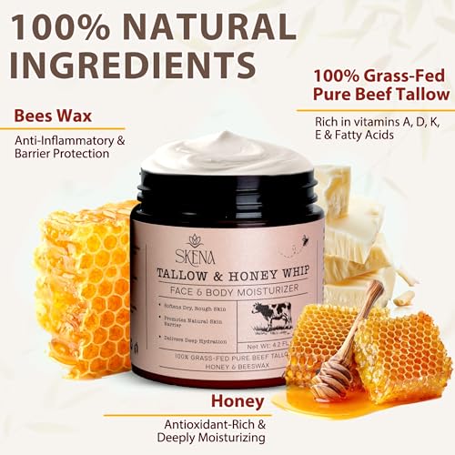 Grass-Fed Beef Tallow Moisturizer with Honey & Beeswax ? Whipped Tallow Face Cream for Deep Hydration ? Natural Face & Body Balm for Dry, Sensitive Skin ? 4.2 oz for Men & Women