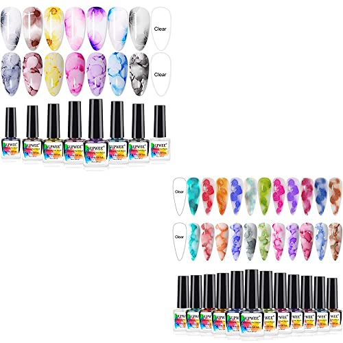 12 Colors Glitter Watercolor Ink Nail Polish Set with 8 Colors Pure Color Blooming Nail Polish Watercolor Nail Art Kit