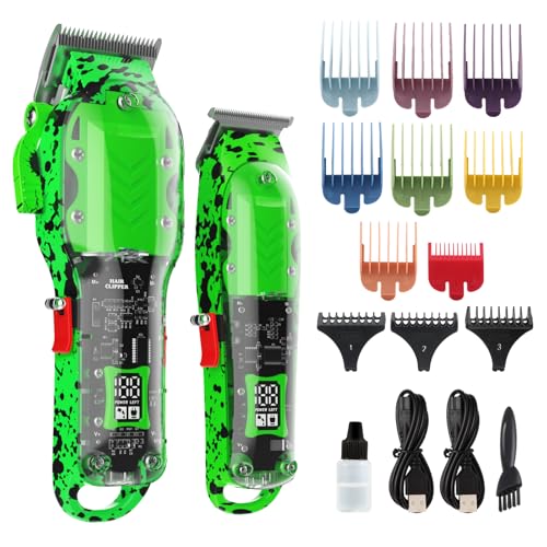 Professional Hair Clippers for Men, Cordless Barber kit for Hair Cutting & Grooming, Hair Clippers and Trimmer Set for Barber Haircut with LED Display, 8 Fade Taper Combs(Green Set)