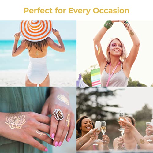 Metallic Temporary Tattoos for Women Teens Girls - 8 Sheets Gold Silver Temporary Tats Glitter Shimmer Designs Jewelry Tattoos - 100+ Color Flash Fake Waterproof Tattoo Stickers (Caicos)