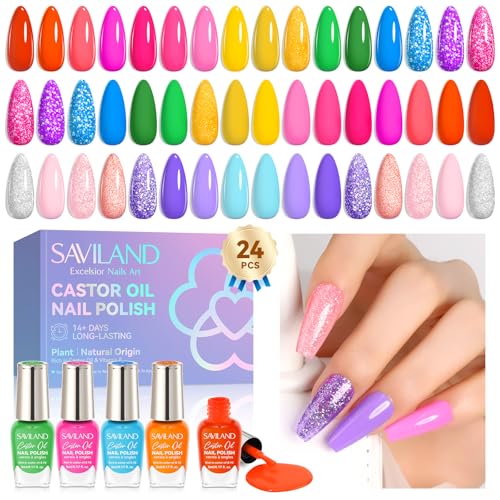 SAVILND Nail Polish Set: Bright Pink Yellow Red Quick Dry Nail Polish Kit with Glitter 24 Colors Regular Finger Nail Polish Non Gel Long Lasting DIY At Home Manicure Gift Set
