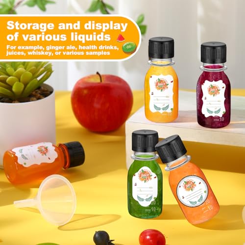 LemonRoad 100 Pcs 2oz Small Plastic Juice Bottles with Black Cap Mini Reusable Clear Shot Jar with Lid Scale and Label for Ginger Liquid Drink Milk Beer Coffee Storage Container Portable Travel