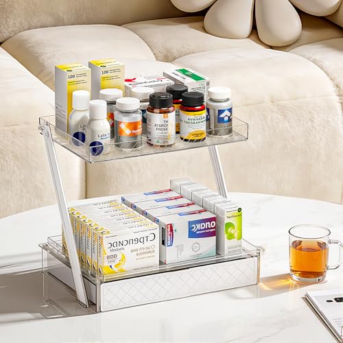3-Tier Bathroom Countertop Makeup Organizer - Tall Big Make Up Storage with Slide-Out Tray & Bottom Drawer, Transparent Acrylic for Cosmetics Brushes Lipsticks Skincare