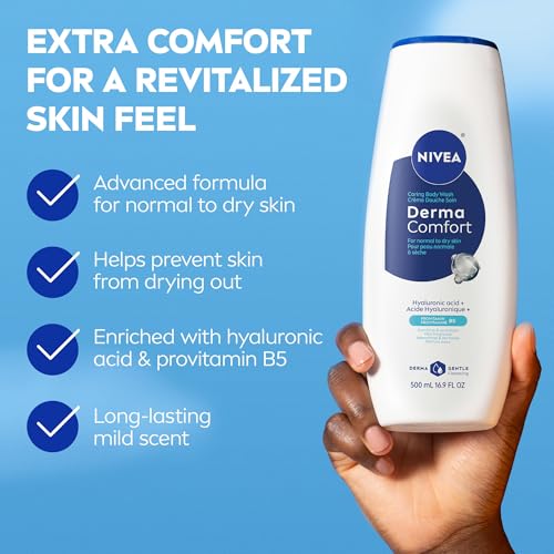 NIVEA Derma Comfort Caring Body Wash for Normal to Dry Skin, Body Wash with Hyaluronic Acid and Provitamin B5, 16.9 Fl Oz Bottle, Pack of 3