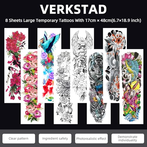 Christmas 8 Sheets Full Arm Temporary Tattoos for Adults, Waterproof Realistic Flower Bird Feather Fake Sleeve Tattoos For Women Men, Tiger Fish Tattoo Set Hand Body Art for Party Celebration Cosplay