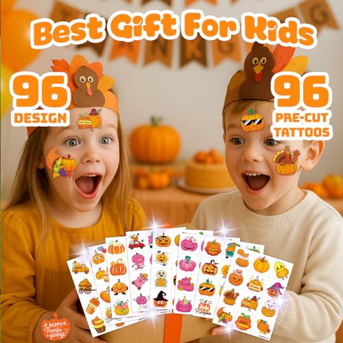 96 PCS Happy Thanksgiving Fall Autumn Pre-Cut Temporary Tattoos for Kids | Super Cute Themed Birthday Party Favors, Supplies, Decorations, Fake Tattoo Stickers, School Rewards Gifts Boys Girls